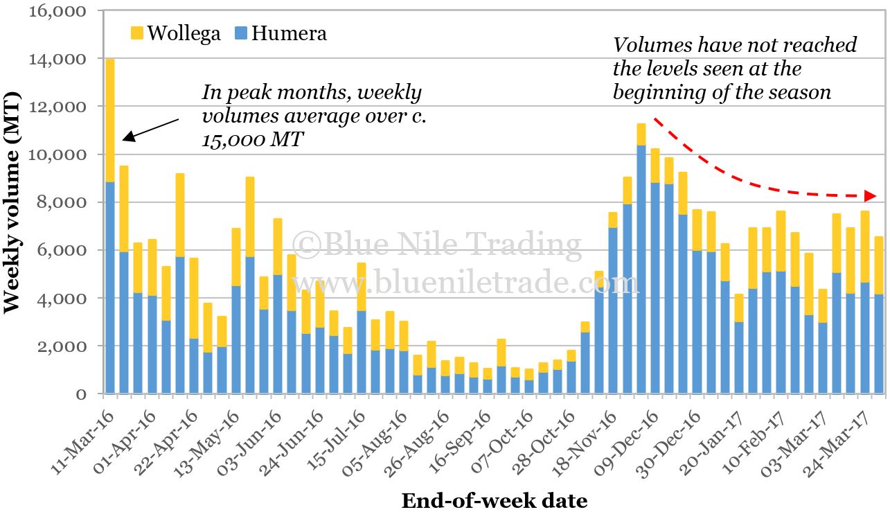 One-year ECX sesame trading weekly volumes